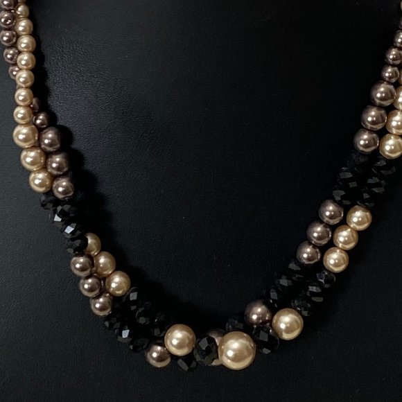 (3-097) Double Strand Necklace Taupe/Beige Pearl-Like Beads Black Faceted Beads - Picture 11 of 12